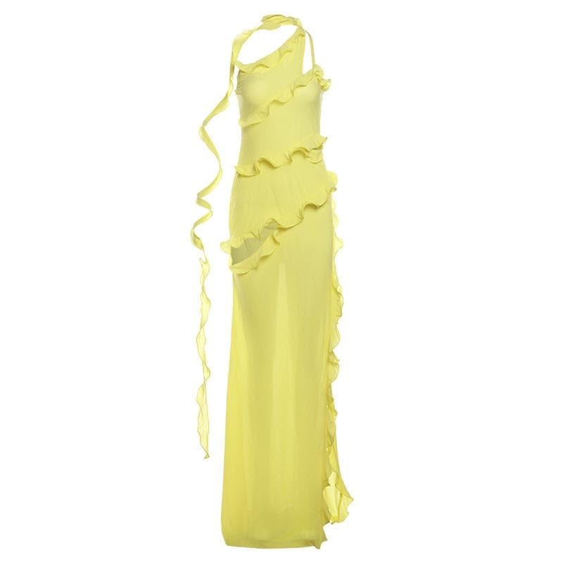 Y2K One Shoulder Ruffle High Slit Maxi Dress - Coquette & Grunge Aesthetic Fashion