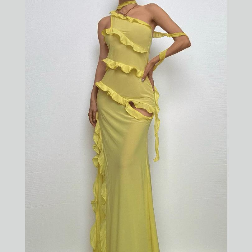 Y2K One Shoulder Ruffle High Slit Maxi Dress - Coquette & Grunge Aesthetic Fashion