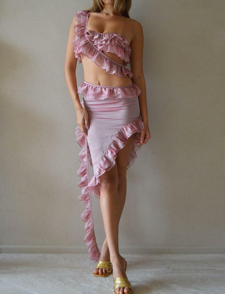 Y2K One Shoulder Ruffled Crop Top & Midi Skirt Co-ord Set - Cute Aesthetic Outfit