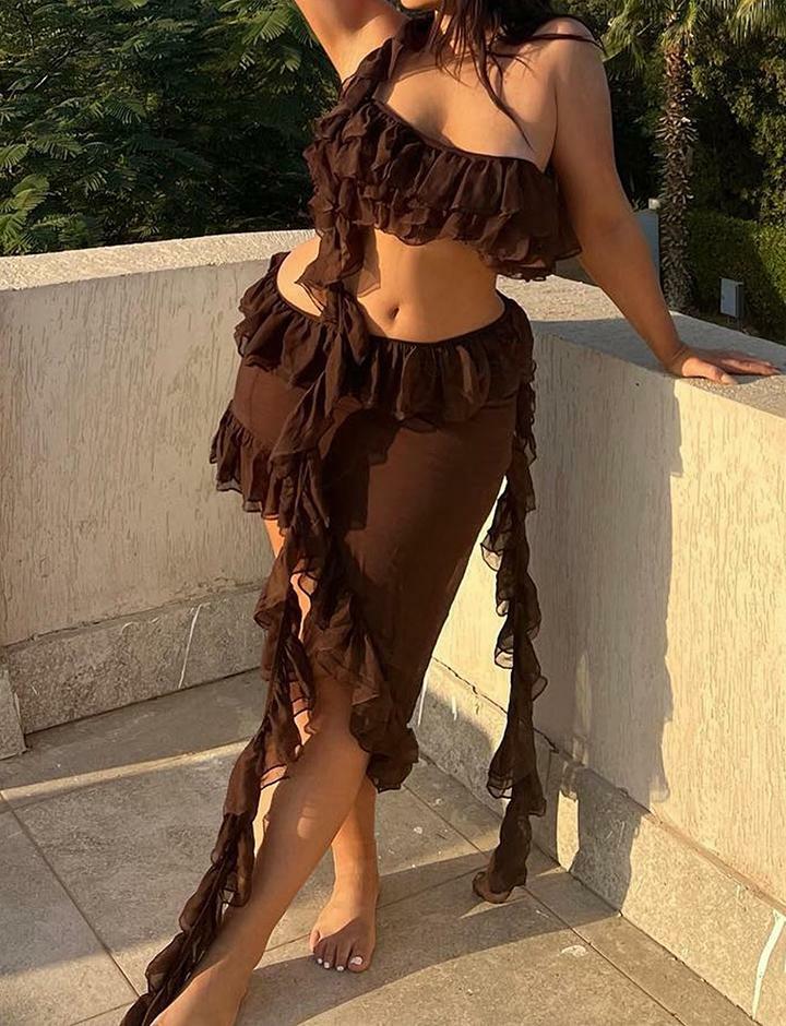 Y2K One Shoulder Ruffled Crop Top & Midi Skirt Co-ord Set - Cute Aesthetic Outfit