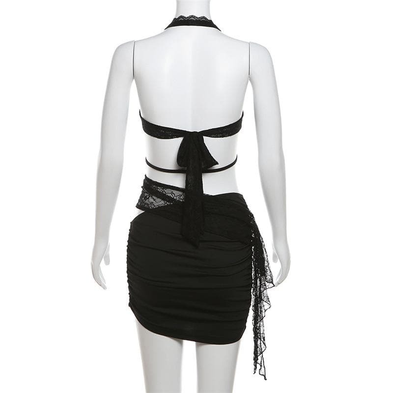 Y2K Patchwork Lace Ruffle Mini Skirt Set - Cute Coquette Aesthetic Outfit for Fall