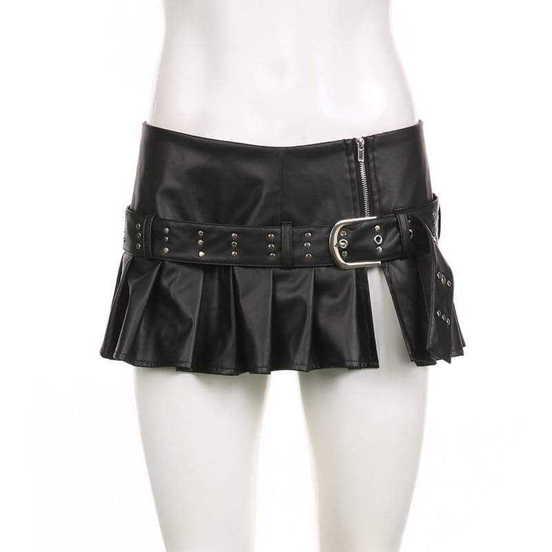 Y2K Pleated Low Rise PU Leather Mini Skirt - Grunge Aesthetic & Coquette Style