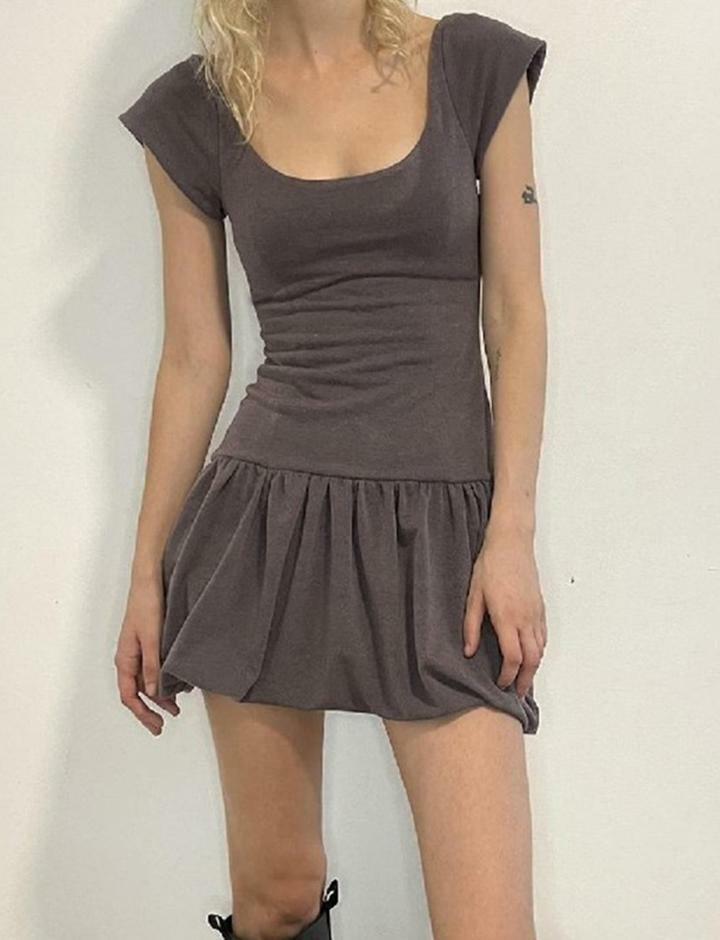 Y2K Pleated Mini Dress - Low-Rise Slim Fit with U-Neck for Coquette & Grunge Aesthetics
