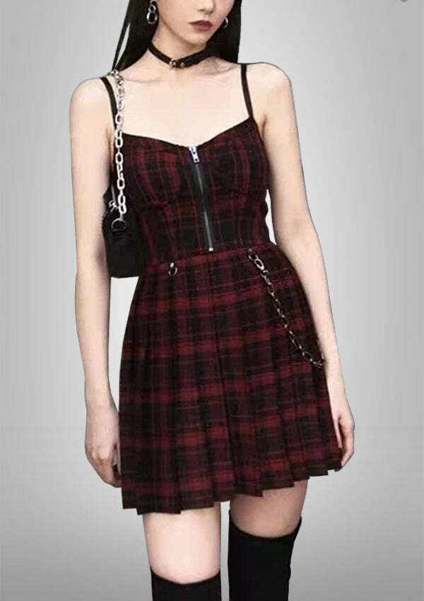 Y2K Pleated Plaid Mini Dress - Grunge Aesthetic with Coquette Style for Cute Outfits