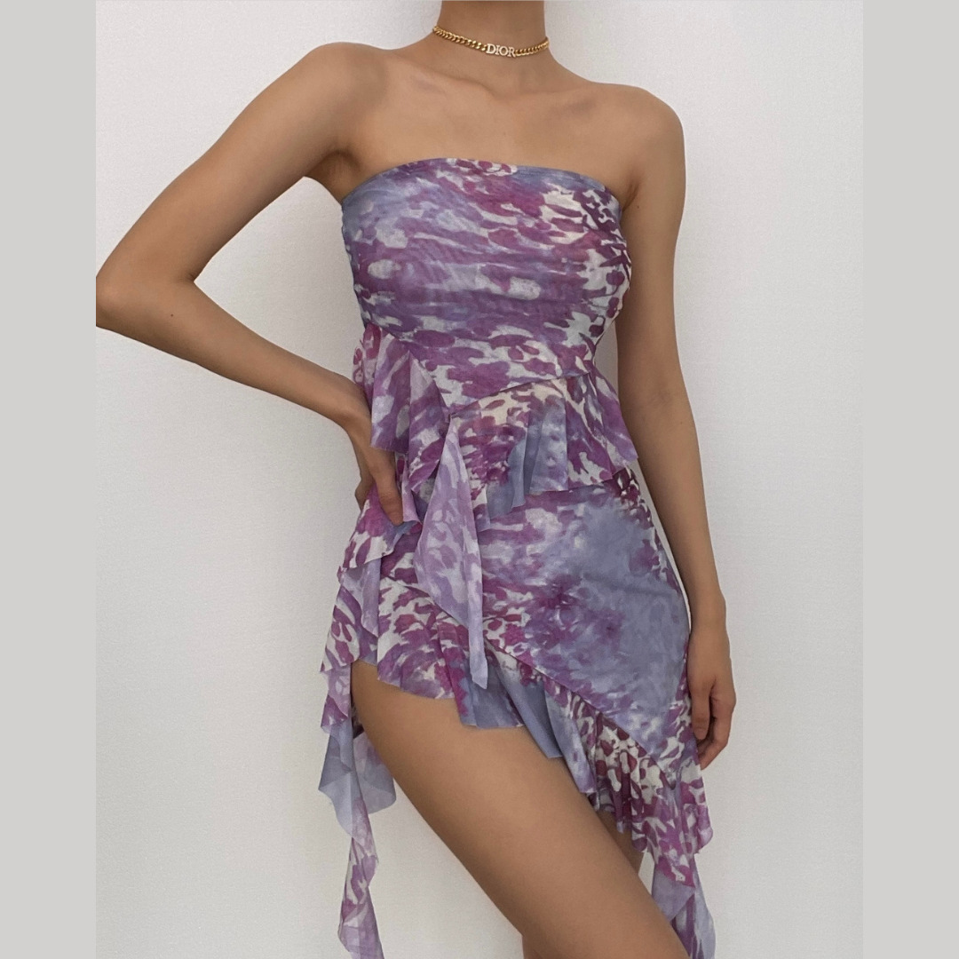 Y2K Pleated Ruffle Contrast Print Tube Skirt Set - Cute Coquette & Grunge Aesthetic