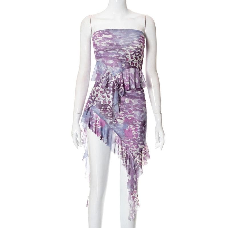 Y2K Pleated Ruffle Contrast Print Tube Skirt Set - Cute Coquette & Grunge Aesthetic