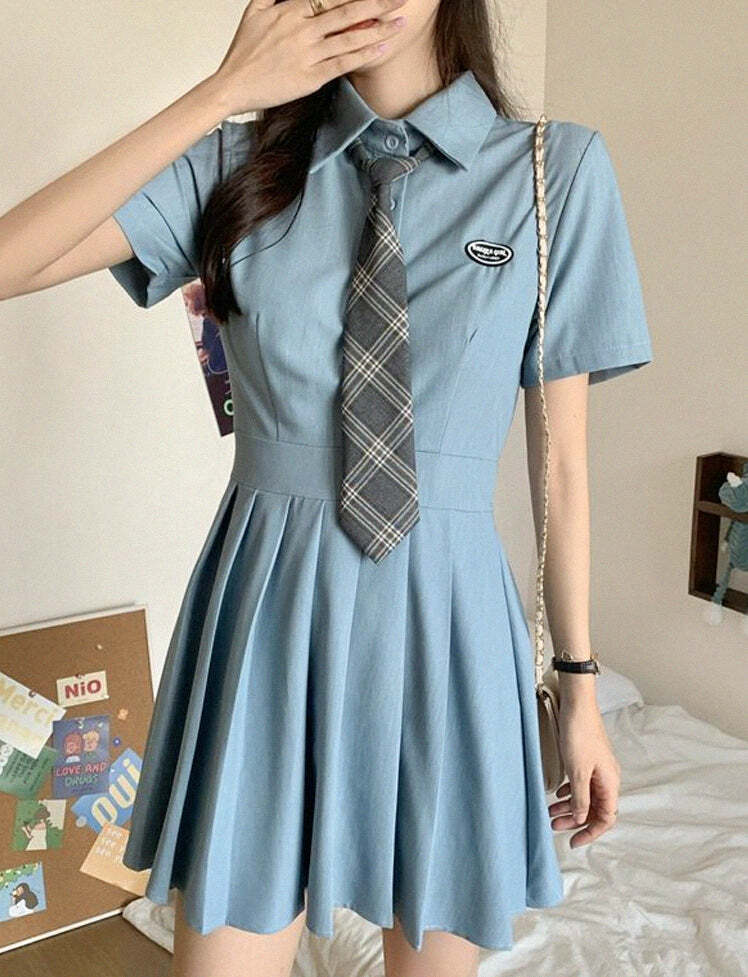 Y2K Pleated Shirt Dress - Coquette Aesthetic with Grunge Vibes, Perfect for Aesthetic Outfits