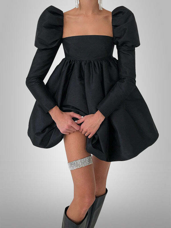 Y2K Retro Square Neck Puffy Dress - Cute Coquette Aesthetic for Grunge & Pastel Styles