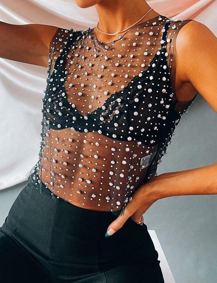 Y2K Rhinestone Pearl Hollow Out Tank Top - Cute Coquette Aesthetic Cover Up for Stylish Looks