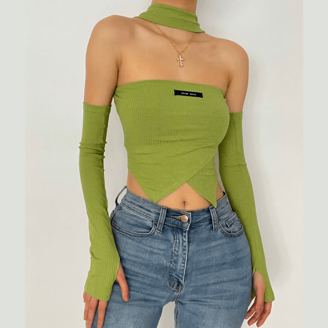 Y2K Ribbed Off-Shoulder Gloves Crop Top - Cute Coquette & Grunge Aesthetic Fashion