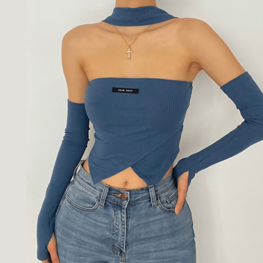 Y2K Ribbed Off-Shoulder Gloves Crop Top - Cute Coquette & Grunge Aesthetic Fashion