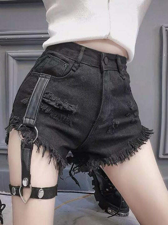 Y2K Ripped Denim Shorts with Pants Clip - Grunge Aesthetic, Cute & Comfy Summer Style