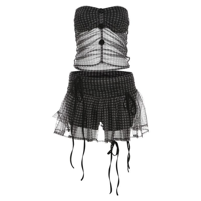 Y2K Rose Applique Plaid Mesh Ruched Tube Mini Skirt Set - Cute Coquette Aesthetic Outfit