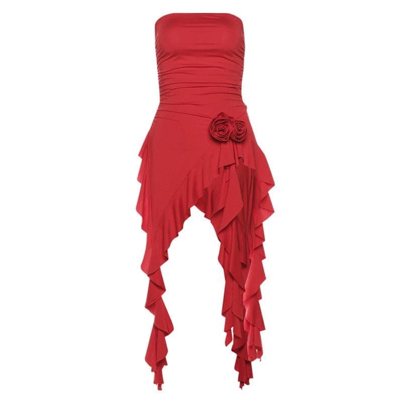 Y2K Rose Applique Ruffle Ruched Tube Top - Cute Coquette Aesthetic for Trendy Outfits