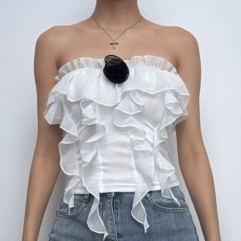 Y2K Rose Applique Ruffle Ruched Tube Top - Cute Coquette Aesthetic for Trendy Outfits