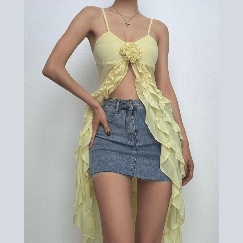 Y2K Rose Applique Ruffle U-Neck Mesh Cami Top - Cute Coquette Aesthetic Fashion