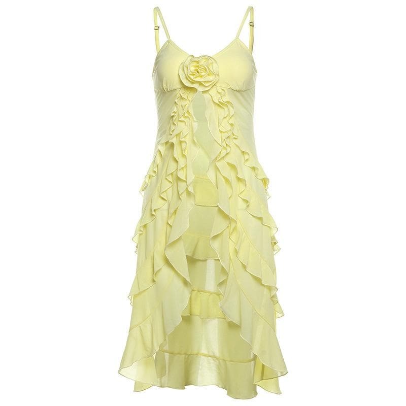 Y2K Rose Applique Ruffle U-Neck Mesh Cami Top - Cute Coquette Aesthetic Fashion