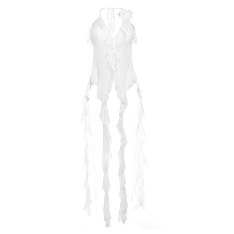 Y2K Rose Applique Sheer Mesh Ruffle Backless Crop Top - Cute Coquette Aesthetic Style