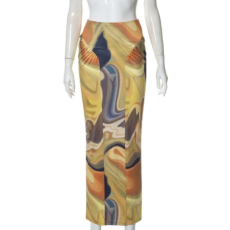 Y2K Ruched Abstract Print Midi Skirt - Coquette & Grunge Aesthetic Fashion Essential