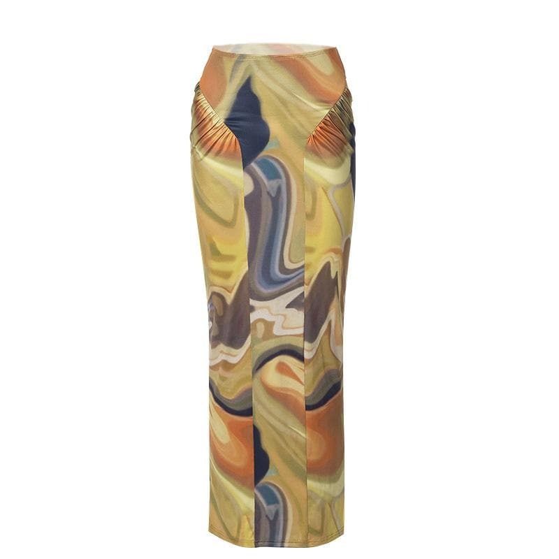 Y2K Ruched Abstract Print Midi Skirt - Coquette & Grunge Aesthetic Fashion Essential