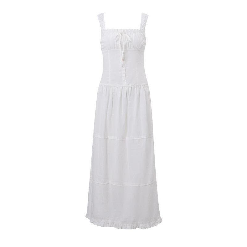 Y2K Ruched Button Square Neck Sleeveless Smocked Ruffle Midi Dress - Coquette & Grunge Aesthetic