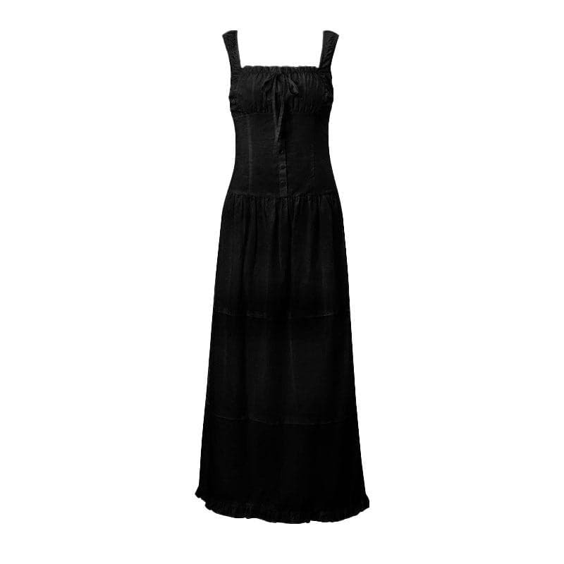 Y2K Ruched Button Square Neck Sleeveless Smocked Ruffle Midi Dress - Coquette & Grunge Aesthetic