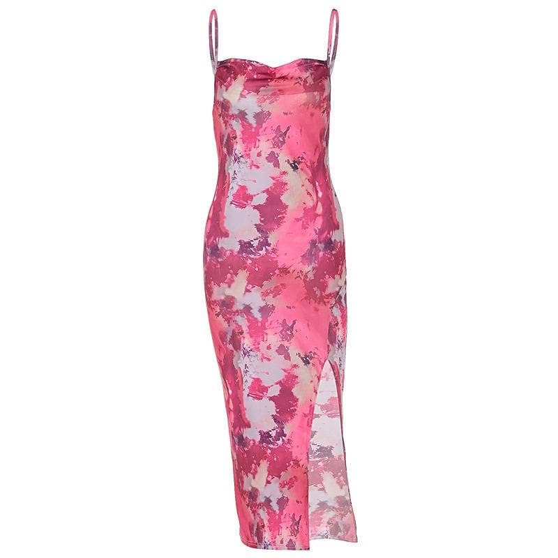 Y2K Ruched Cowl Neck Midi Dress with Slit - Coquette & Grunge Aesthetic Fashion