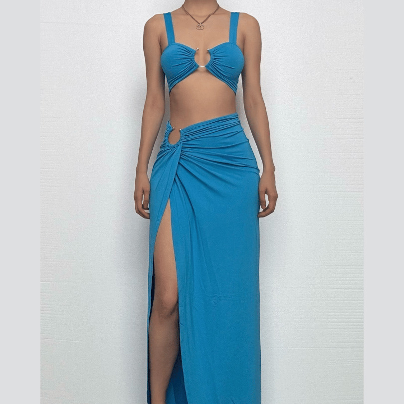 Y2K Ruched Crop Cami & High Slit Maxi Skirt Set - Coquette & Grunge Aesthetic Outfit