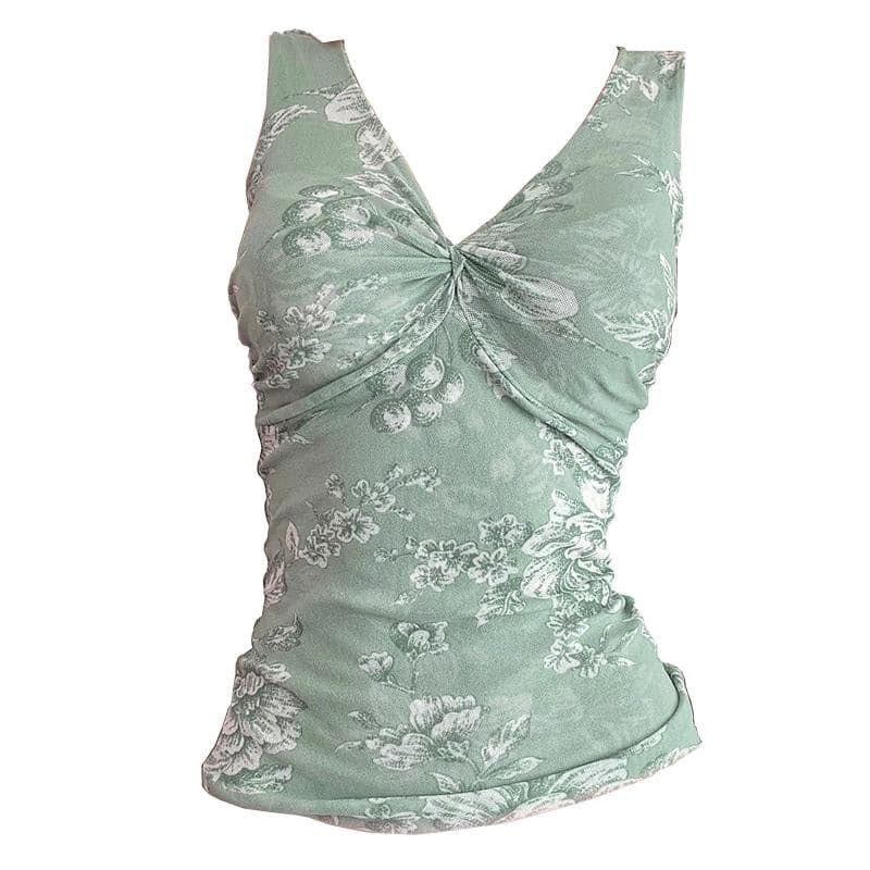 Y2K Ruched Flower Print Tank Top - Cute Coquette Aesthetic for Grunge & Pastel Goth Styles