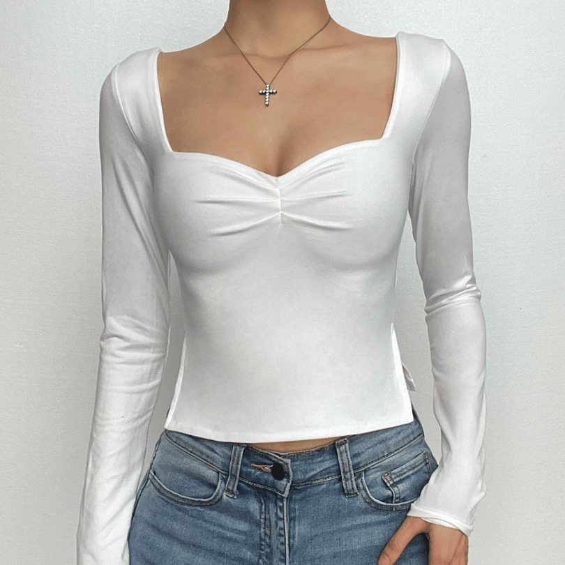Y2K Ruched Long Sleeve Slit Top - Cute Pastel Goth & Coquette Aesthetic Fashion