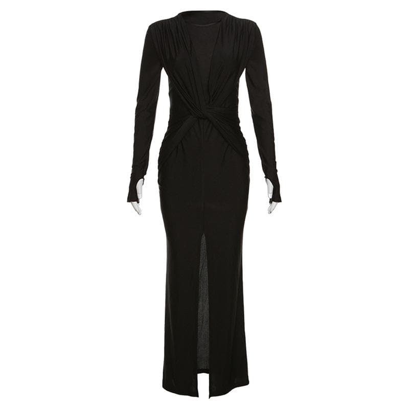 Y2K Ruched Maxi Dress with Knotted Slit - Coquette & Grunge Aesthetic Fashion Staple