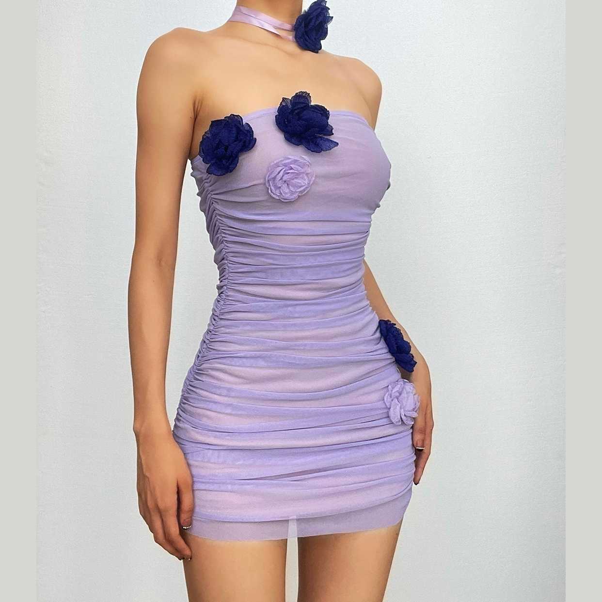 Y2K Ruched Mesh Backless Tube Mini Dress with Flower Appliqu� - Cute Coquette Aesthetic