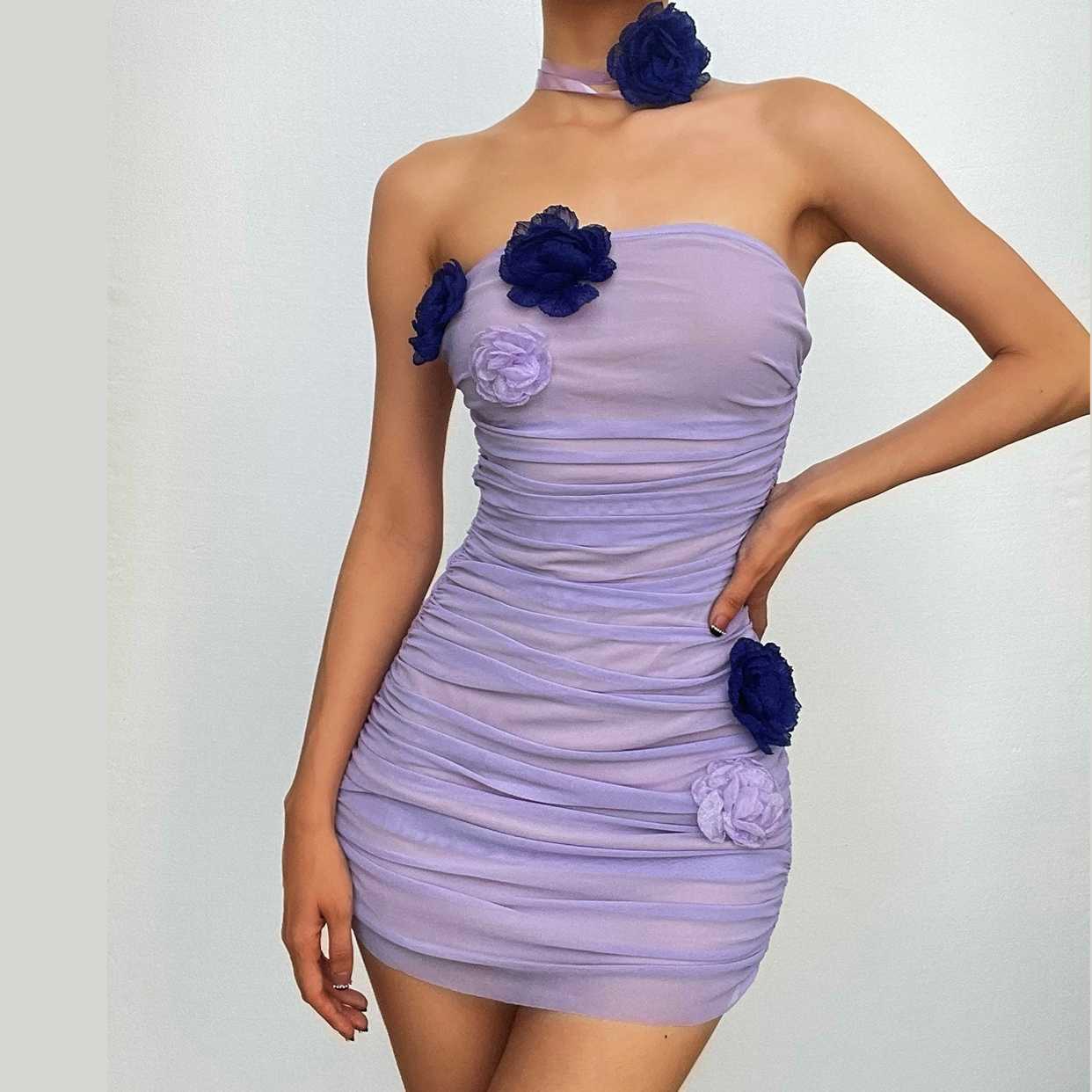 Y2K Ruched Mesh Backless Tube Mini Dress with Flower Appliqu� - Cute Coquette Aesthetic