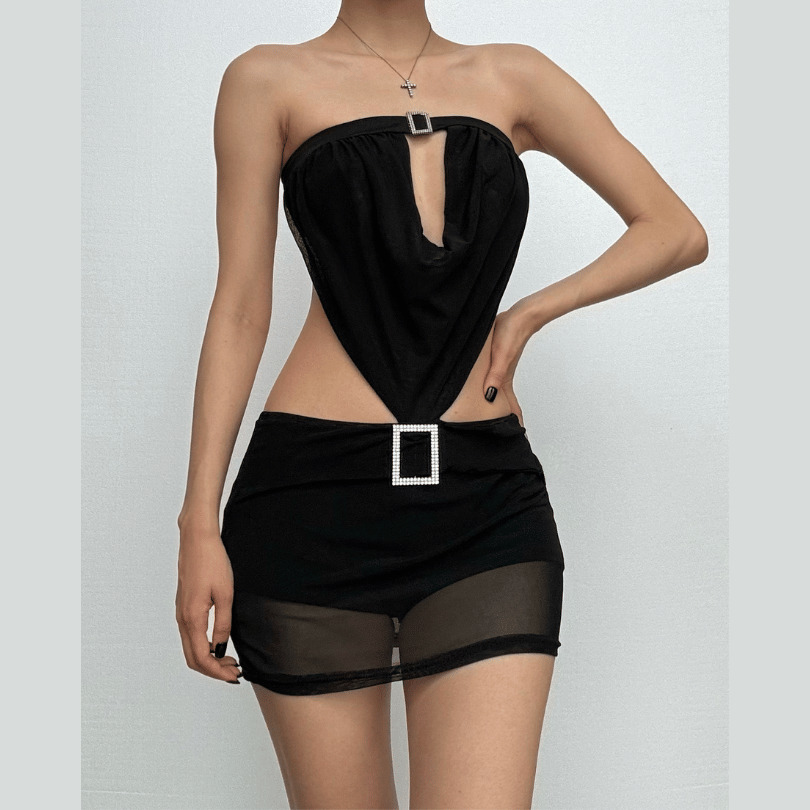 Y2K Ruched Mesh Buckle Tube Mini Dress - Cute Coquette & Grunge Aesthetic Fashion