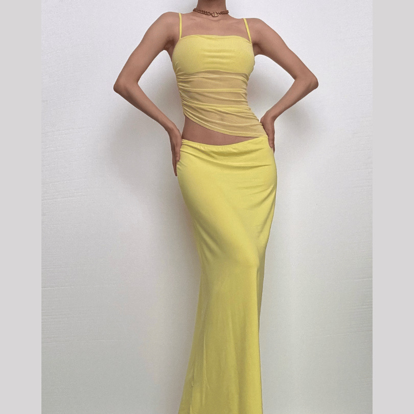 Y2K Ruched Mesh Cami & Irregular Maxi Skirt Set - Coquette & Grunge Aesthetic Outfit