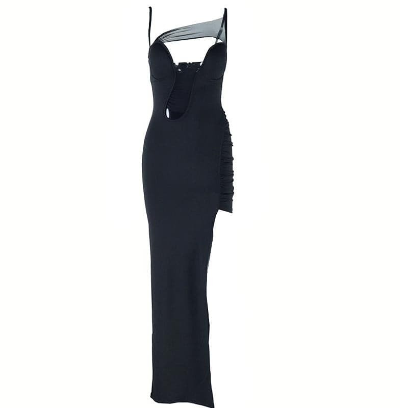 Y2K Ruched Mesh Cami Maxi Dress with High Slit - Coquette & Grunge Aesthetic Fashion