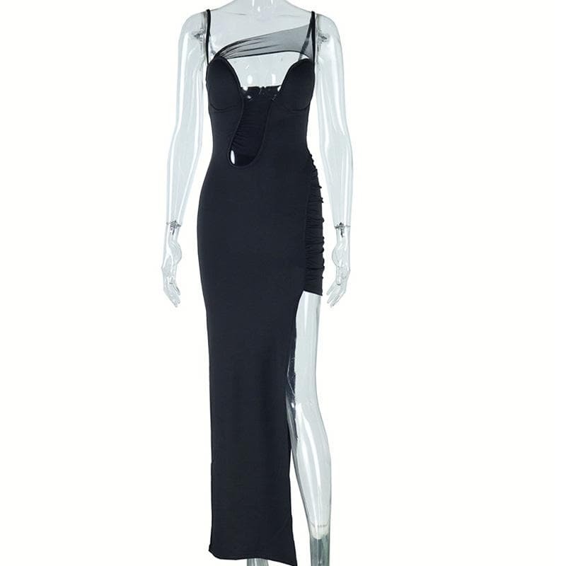 Y2K Ruched Mesh Cami Maxi Dress with High Slit - Coquette & Grunge Aesthetic Fashion