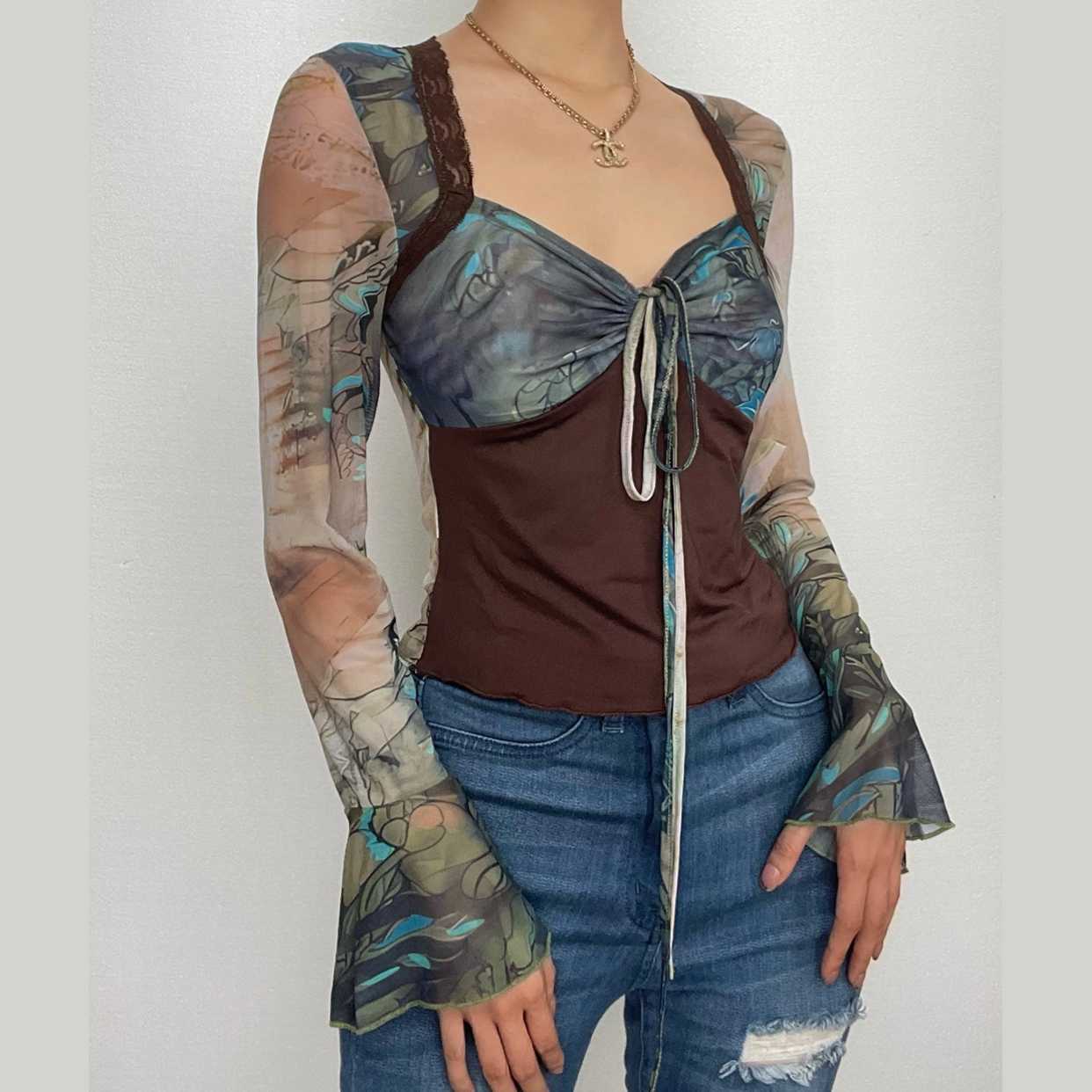 Y2K Ruched Mesh Flared Sleeve Ruffle Top with Heart Neck - Cute Coquette Aesthetic