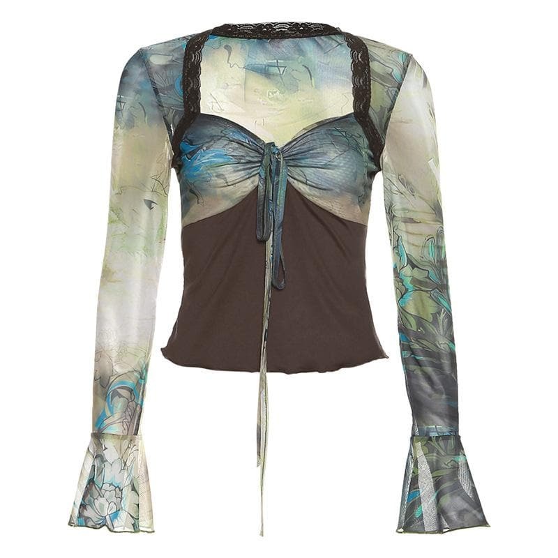 Y2K Ruched Mesh Flared Sleeve Ruffle Top with Heart Neck - Cute Coquette Aesthetic