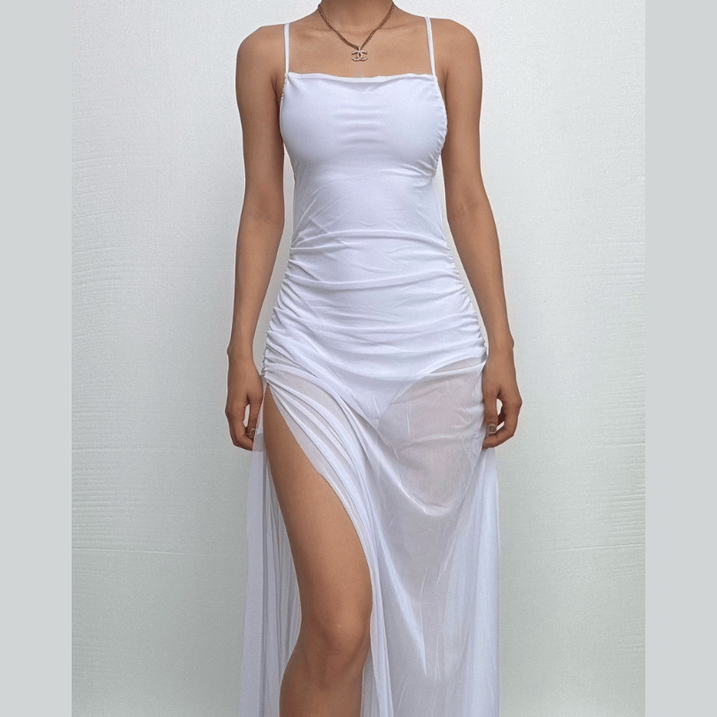 Y2K Ruched Mesh High Slit Backless Cami Maxi Dress - Coquette & Grunge Aesthetic Style