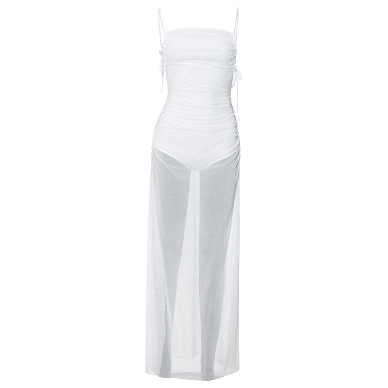 Y2K Ruched Mesh High Slit Backless Cami Maxi Dress - Coquette & Grunge Aesthetic Style