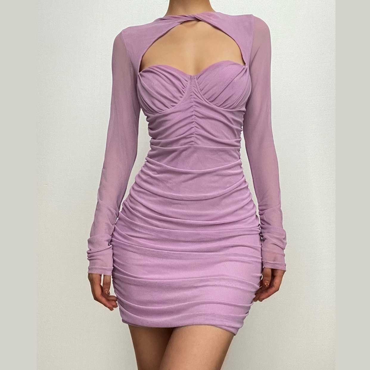 Y2K Ruched Mesh Long Sleeve Zip-Up Mini Dress - Coquette & Grunge Aesthetic Cut-Out Style