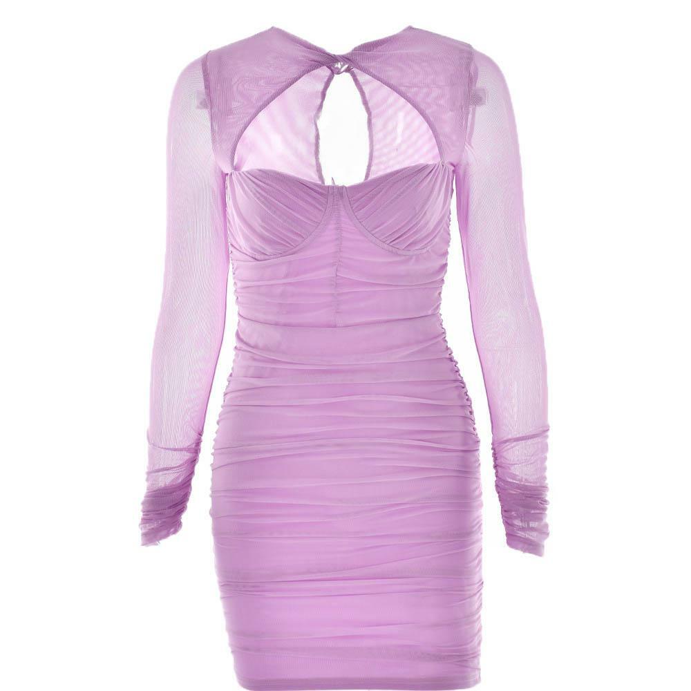 Y2K Ruched Mesh Long Sleeve Zip-Up Mini Dress - Coquette & Grunge Aesthetic Cut-Out Style