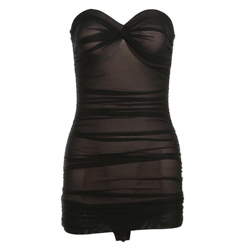 Y2K Ruched Mesh Patchwork Tube Mini Dress - Coquette & Grunge Aesthetic Fashion