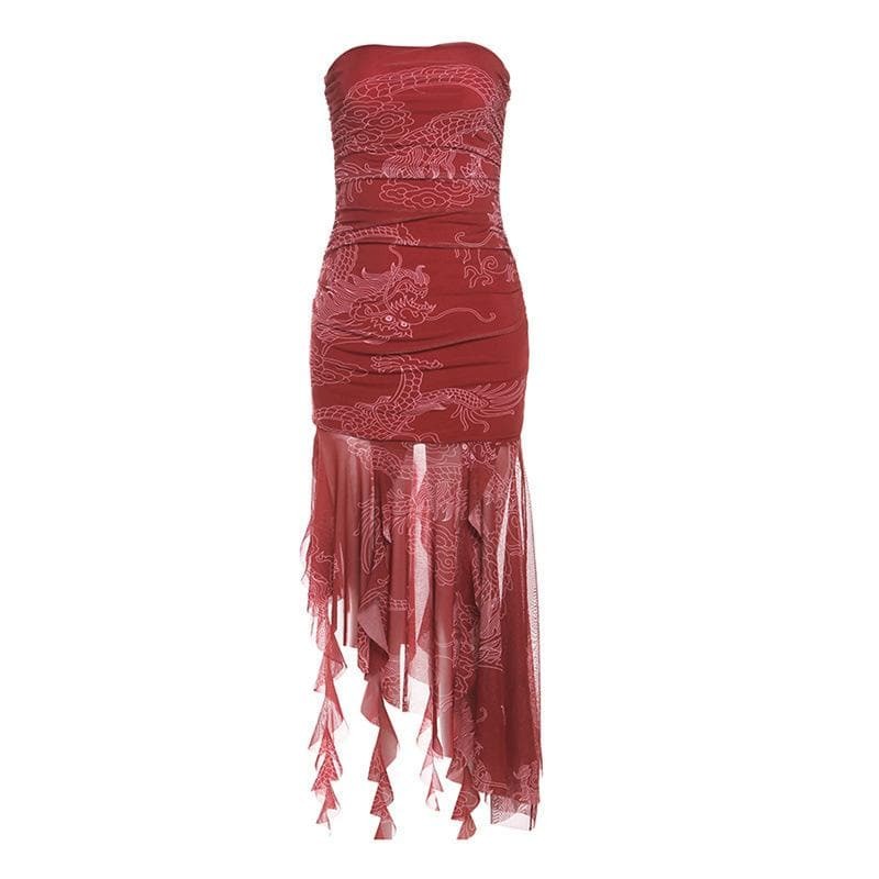 Y2K Ruched Mesh Ruffle Tube Midi Dress - Coquette & Grunge Aesthetic Fashion