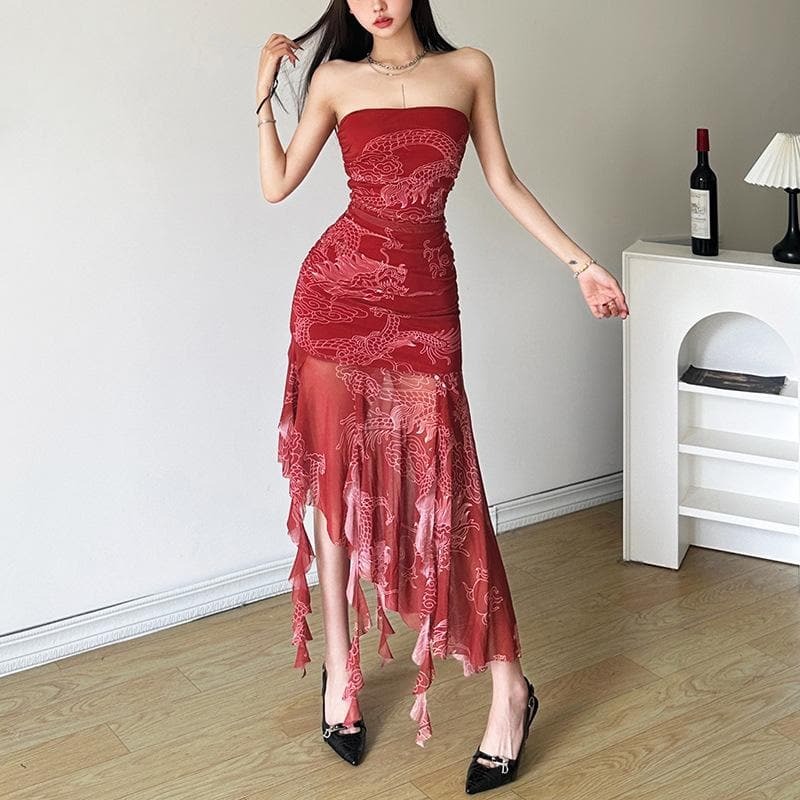 Y2K Ruched Mesh Ruffle Tube Midi Dress - Coquette & Grunge Aesthetic Fashion