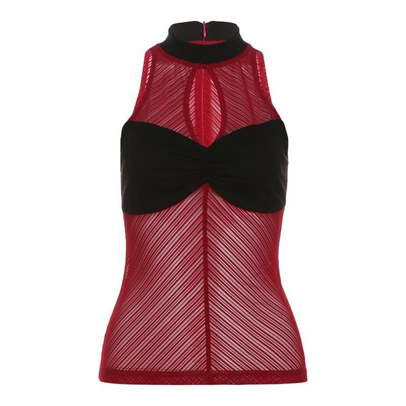 Y2K Ruched Mesh Zip-Up Tank Top - Cut Out Design for Coquette & Grunge Aesthetic