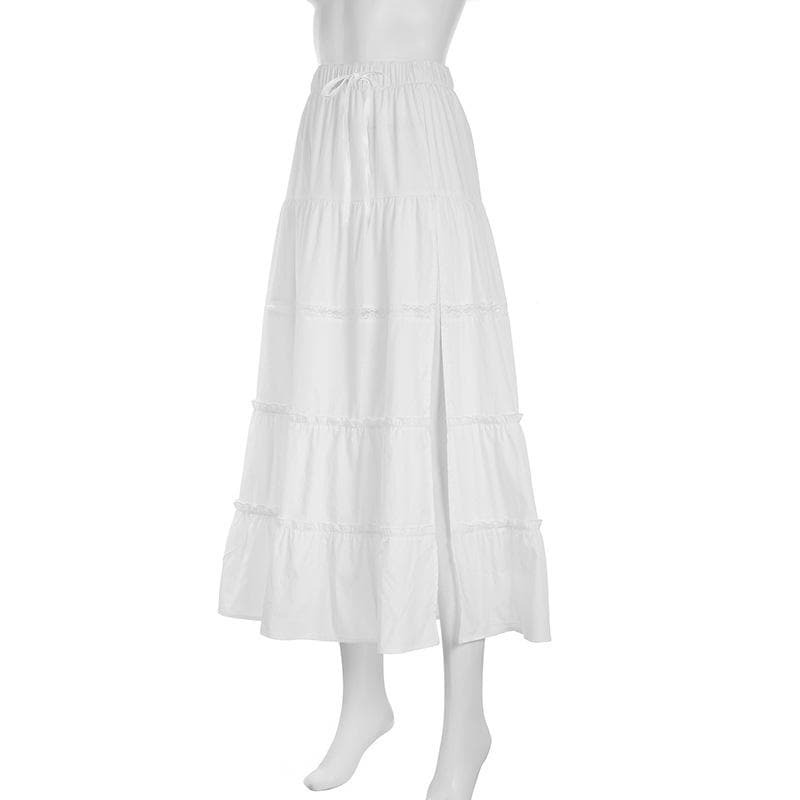Y2K Ruched Midi Skirt with Slit Lace Hem - Coquette & Grunge Aesthetic Fashion