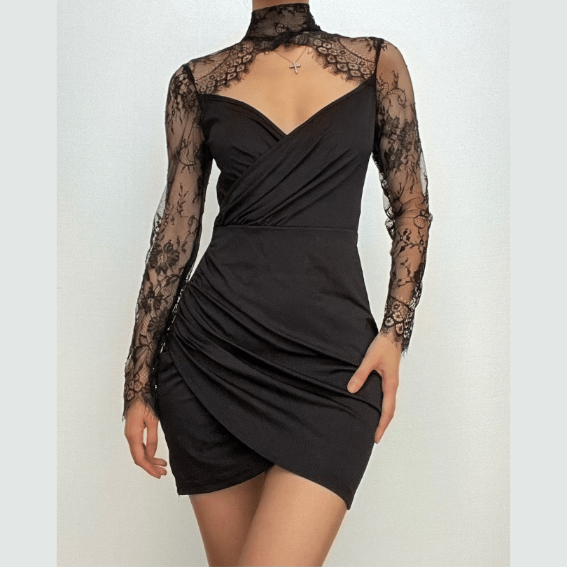 Y2K Ruched Mini Dress with Lace High Neck - Cute Coquette & Grunge Aesthetic Style