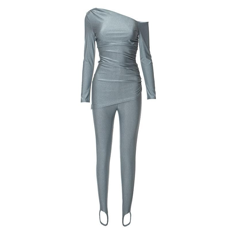 Y2K Ruched Off-Shoulder Long Sleeve Solid Pant Set - Coquette & Grunge Aesthetic Vibes